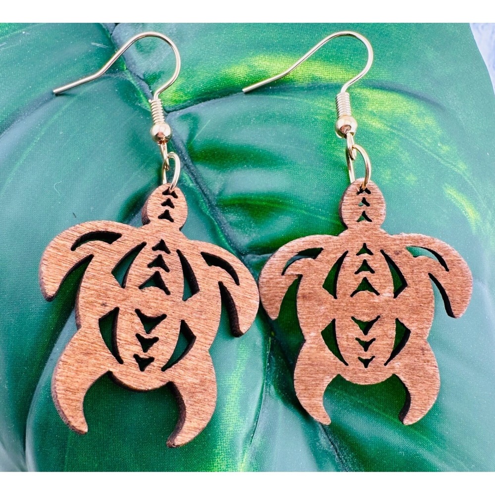 Sea Turtle Earrings Chestnut‎ Stained Wood Gold Plated Ear Wires